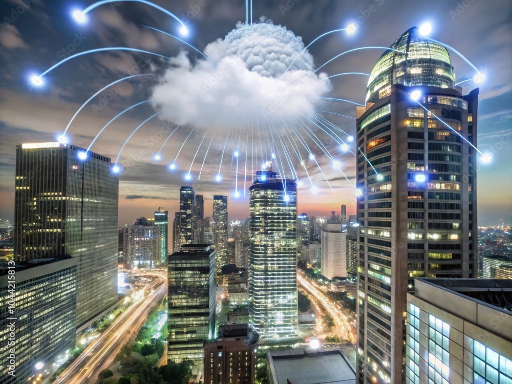 Poster night photography of cloud technology transforming digital infrastructure with data streams and mode