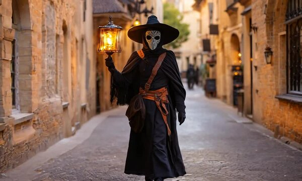 A Lamplighter Wearing A Cloak, Cape, And White Mask Walking Along The Ancient Urban Streets On Halloween Night