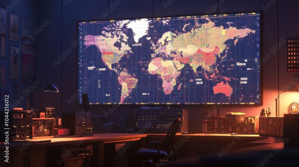 Aufkleber a command room with a large tracking screen showing live updates on global vehicle positions and tra