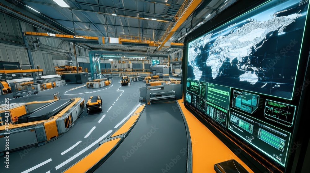 Aufkleber a detailed dispatch center with a large screen tracking global logistics and vehicle movements in re