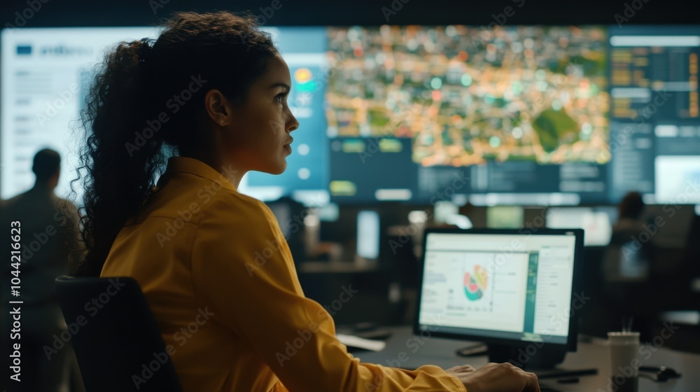 Aufkleber a dispatch center with a large digital display tracking real-time movement of shipments across diffe