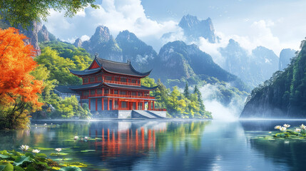 Fototapeta premium Chinese style garden natural scenery 