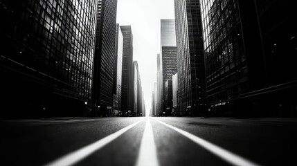 A striking black and white perspective view of a city street lined with tall skyscrapers, leading to a bright horizon, creating a sense of depth.