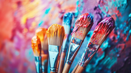 Fototapeta premium Vibrant paintbrushes on a colorful canvas background