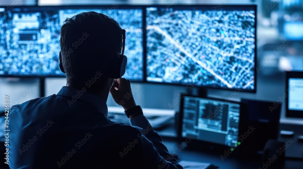 Aufkleber a dispatch center with a large screen filled with tracking data, logistics flows, and vehicle positi