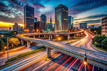Fototapeta premium Nighttime Urban Highway Intersection with Blurred Traffic Lights for Dynamic Architectural Photography