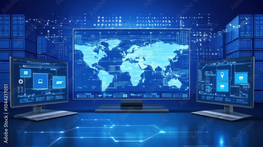 Aufkleber a dispatch center with a massive screen showing live tracking of logistics data across multiple glob