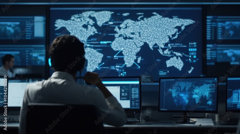 Aufkleber a dispatch center with a massive wall screen tracking shipments, showing detailed maps and data stre