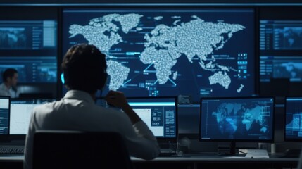 Obraz premium A dispatch center with a massive wall screen tracking shipments, showing detailed maps and data streams.