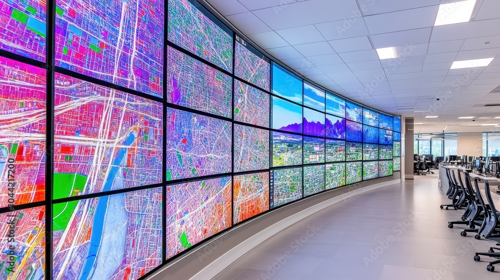 Poster a dispatch center with a massive wall screen tracking shipments, showing detailed maps and data stre