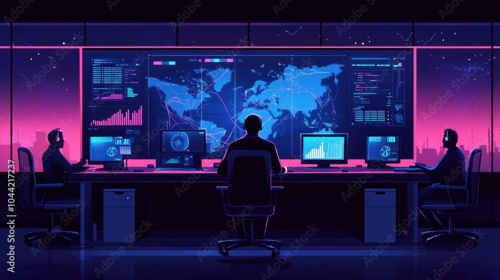 Aufkleber a dispatch center with operators monitoring a large screen filled with tracking data and route maps.