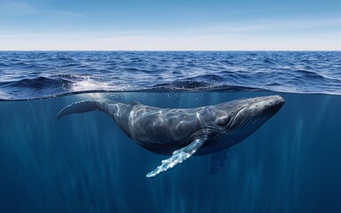 Naklejka premium Humpback whale swimming beneath the surface of the ocean.
