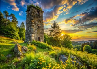 Old Stone Tower Surrounded by Lush Greenery at Sunrise - HDR Landscape Photography
