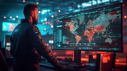 A dispatch control center with a large screen displaying live tracking of vehicle positions and global shipments.