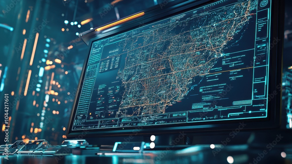 Poster a dispatch control center with a large tracking screen showing detailed maps of vehicle routes and d