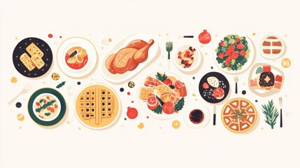 a traditional Thanksgiving and Christmas dinner featuring roasted chicken, hot chocolate cookies, and an array of dishes including waffles, salad, and sweets. 