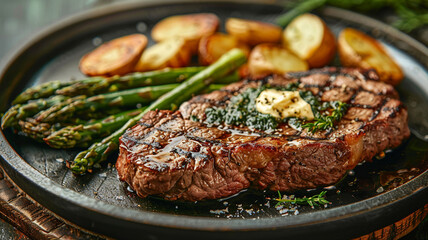 Perfectly seared steak served with garlic butter, roasted potatoes, and grilled asparagus