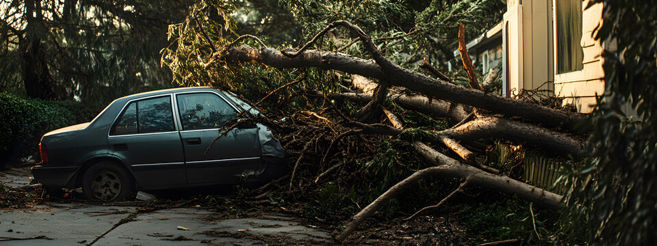 A fallen tree crushed a car branches and debris from a fallen tree after a hurricane, emphasizing natural damage to property and vehicles. Transportation Damage Concept. .