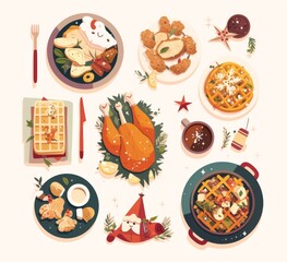 a traditional Thanksgiving and Christmas dinner featuring roasted chicken, hot chocolate cookies, and an array of dishes including waffles, salad, and sweets. 