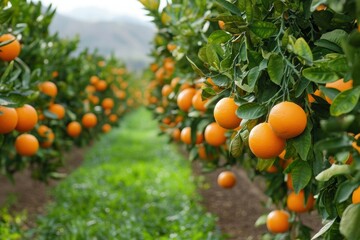 fruit orchard harvest, ripe tangerine trees line the serene orchard, ready for harvest with the gentle breeze swaying their leaves