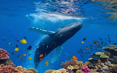 Fototapeta premium A humpback whale swims over a coral reef with colorful fish.