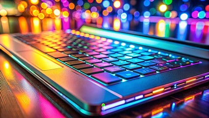 Obraz premium Panoramic View of a Laptop Keyboard with Backlit Keys and Modern Design for Tech Enthusiasts