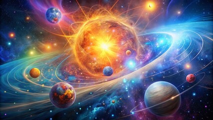 Obraz premium Panoramic View of Atomic Particles in Motion: Exploring Quantum Physics Concepts