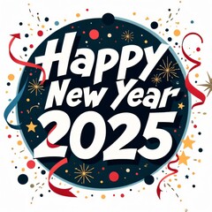 Happy New Year 2025 Circular Design with Confetti and Ribbons