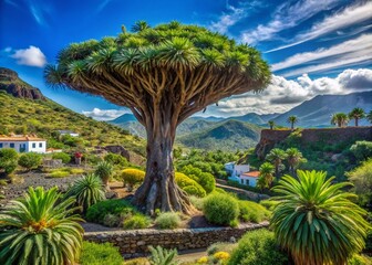 Fototapeta premium Panoramic View of Drago Trees in Icod de los Vinos, Tenerife - Captivating Natural Beauty and Landscape Photography