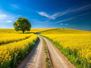 Panoramic View of Rural Road Through Vibrant Yellow Rapeseed Fields and Open Soil Landscape for Nature Photography