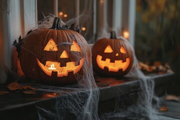 Obraz premium halloween porch decor, eerie halloween decorations on the porch flickering jack-o-lanterns and creepy cobwebs billowing in the autumn breeze