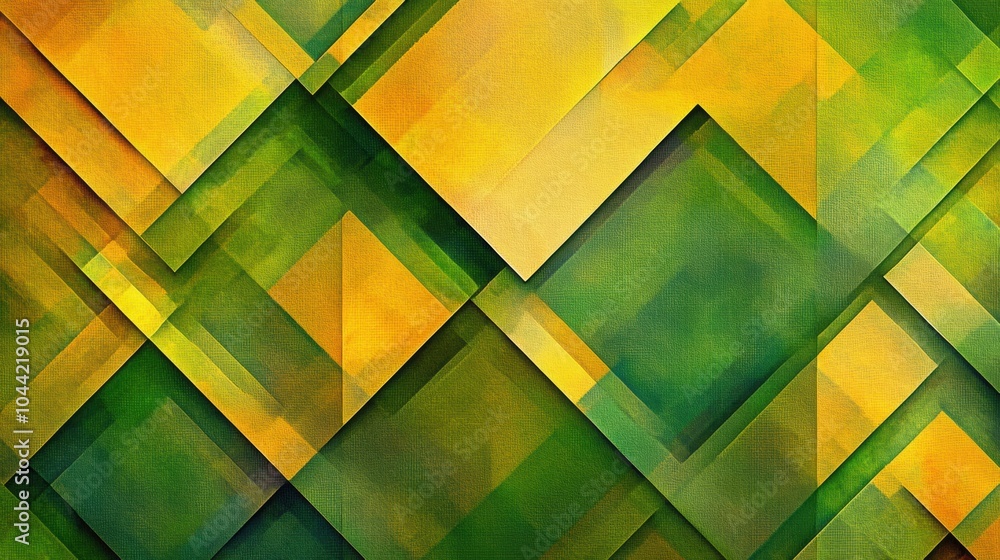 Poster colorful overlay of squares and rhombuses in varying shades of green and yellow forms a striking geo