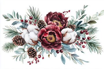 Fototapeta premium Watercolor Christmas arrangement with flowers, pinecones and fir branches