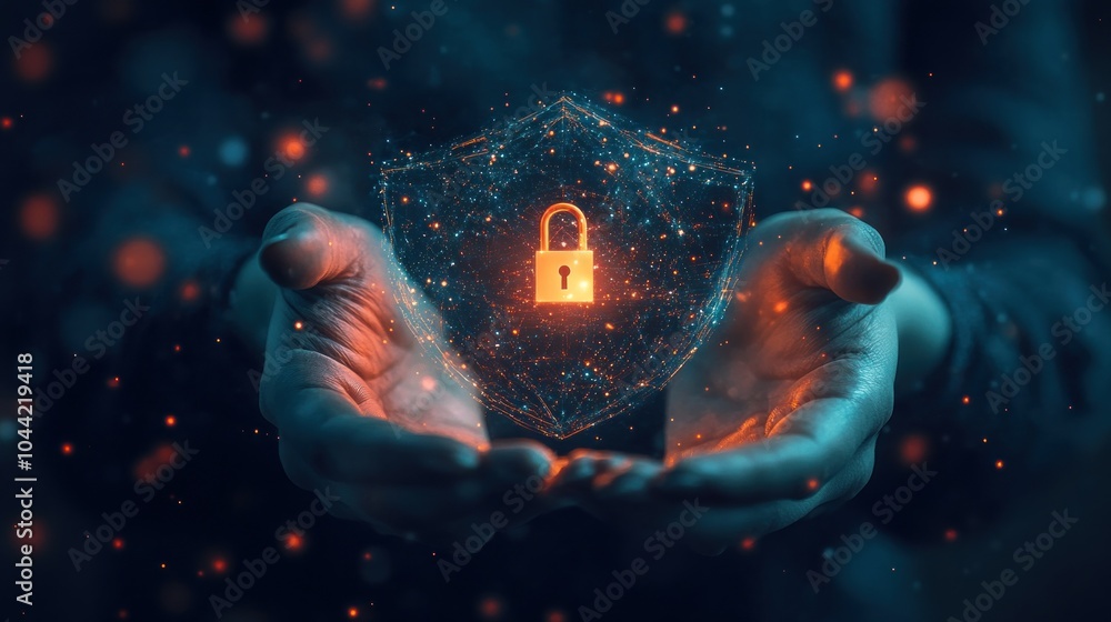 Poster a digital shield with a lock symbol, representing cybersecurity and data protection.