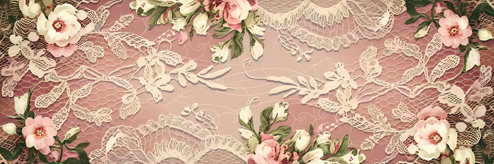 Delicate white lace and pink flowers create a romantic vintage aesthetic perfect for wedding invitations   
