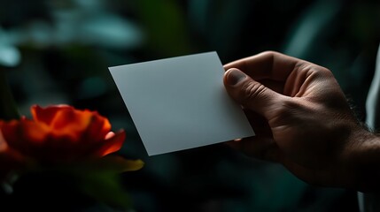 A hand holds a blank white card with a blurred orange flower in the background.