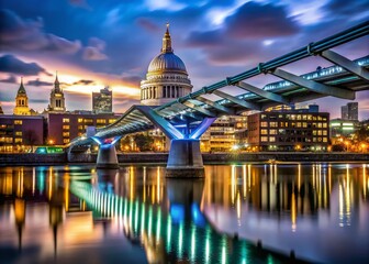 Fototapeta premium Portrait of Millennium Bridge at Night over the Thames Near Tate Modern, Capturing Urban Elegance and Architectural