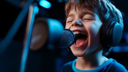 Young boy singing into a microphone with headphones on.