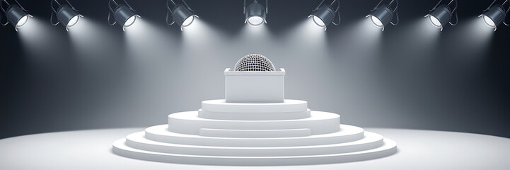 White podium and black spotlights  minimalist presentation  product display  award ceremony   