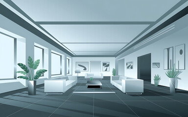 Modern interior design with white sofas and green plants  minimalist style  clean and spacious  contemporary home design   