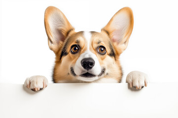 Red Corgi pembroke is standing with its front paws resting on a blank white banner or surface. Photo  for playful and light-hearted designs.
