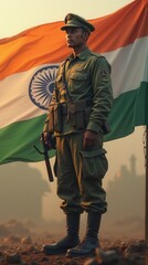 Fototapeta premium Indian soldier standing in front of Indian flag military patriotism