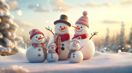 Obraz premium 3d rendered christmas illustration with happy snowman family for greeting card