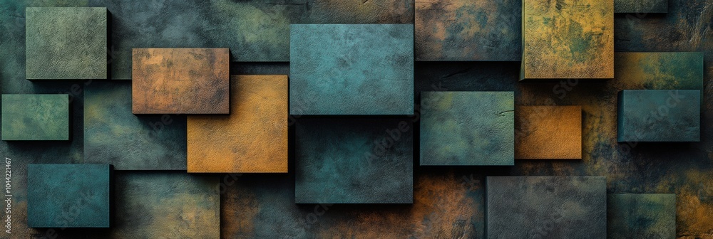Aufkleber Layers of squares and rhombuses create a geometric abstraction featuring a blend of blue and green colors in different shades. Generative AI