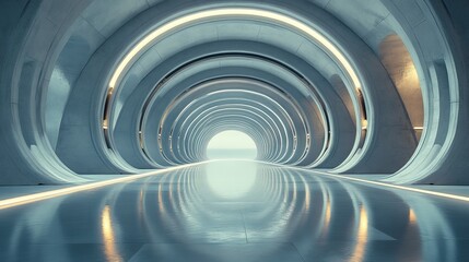 Fototapeta premium Geometric arches mirrored endlessly in reflective floors, soft ambient light illuminating a futuristic, sleek environment, cyberpunk aesthetics, wide-angle shot