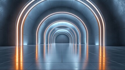Obraz premium Geometric arches mirrored endlessly in reflective floors, soft ambient light illuminating a futuristic, sleek environment, cyberpunk aesthetics, wide-angle shot
