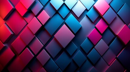 Obraz premium Geometric arrangement of metallic rhombus shapes, polished and mirrored surfaces, deep shadows between layers, neon cyan and magenta accents, 3D digital art