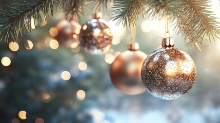close-up christmas ornaments border with branches