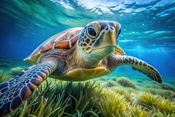 Obraz premium Sea turtle swimming in blue water among algae