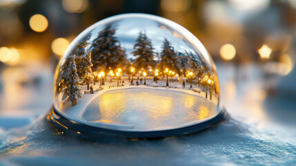 Obraz premium Snow globe capturing a serene winter park scene with glowing streetlights, AI